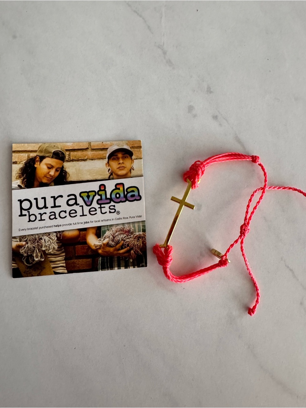 Pura Vida Pink Cord Bracelet Gold Tone Cross Dangle Charm Adjustable Slide